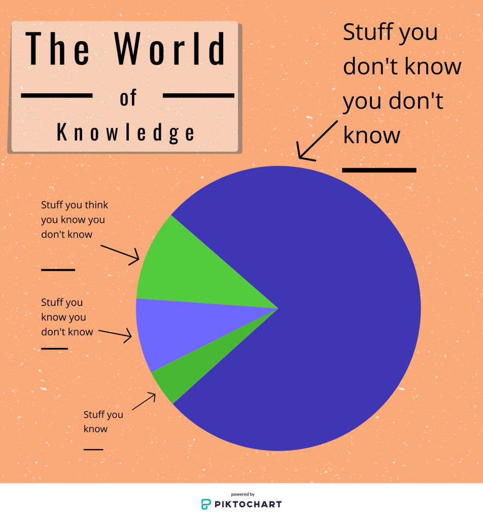 Pie chart showing:
A small slice labeled "stuff you know"
A slightly larger slice labeled "stuff you know you don't know"
Another slighty larger slice labeled "stuff you think you know you don't know"
The last 75% of the pie is labelled "Stuff you don't know you don't know"