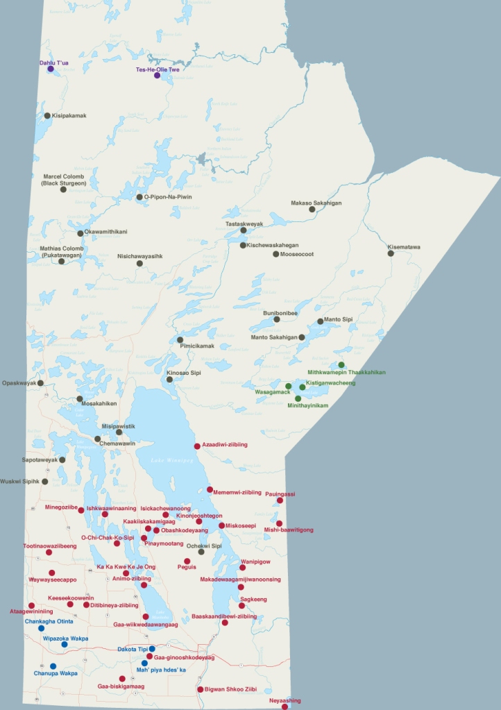 A map of Indigenous communities in the province of Manitoba. Communities are colour coded on the map, showing the heterogenous nature of Indigenous people within the province.