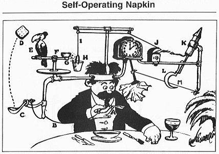 This image is a black and white drawing of a complex contraption titled "Self-Operating Napkin". It features a man seated at a dining table, attempting to eat soup. The contraption is a humorous and overly complicated Rube Goldberg machine designed to wipe the man's mouth with a napkin. The sequence starts with the man lifting his spoon (labeled B), which is attached to a string (C). The string is connected to a cracker (D), which a parrot (E) perches on. When the parrot goes for the cracker, its perch tilts, pulling the string and setting off a chain reaction. This involves a rocket (H), a sickle (I) cutting a string, a pendulum with a napkin (L), and various other humorous and unnecessary steps, ultimately ending with the napkin swinging to wipe the man's face. 