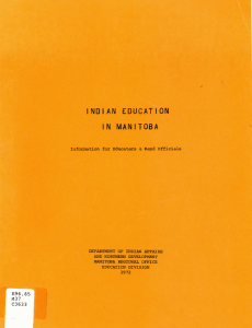 A typewritten cover on orange paper.
Document is entitled "Indian Education in Manitoba; information for educaters [sic] & band officials"
The document was published by the Department of Indian Affairs and Norther Development's Manitoba Regional Office - Education Division, and was published in 1972.